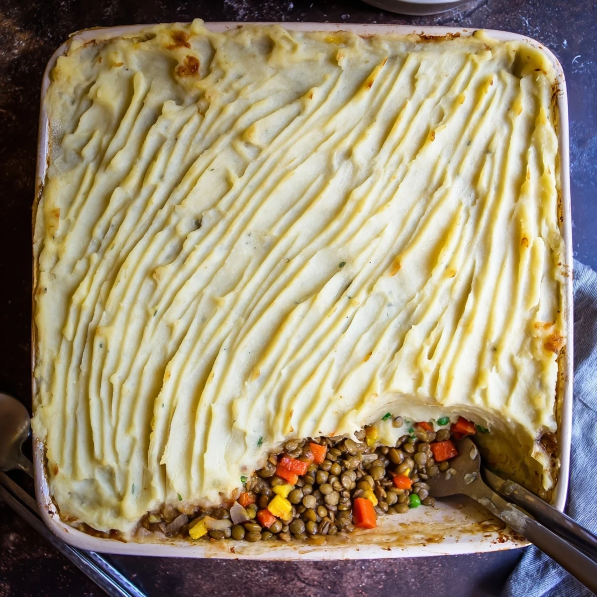 Savory vegan French onion shepherd's pie featuring lentil filling and mashed potato peaks in baking dish