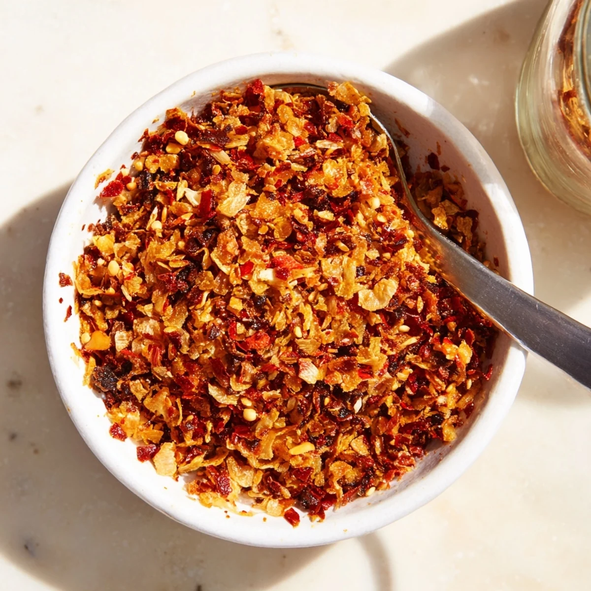 Close-up of Trader Joe's Chili Onion Crunch spoon topping steaming bowl of noodles with aromatic oil glistening