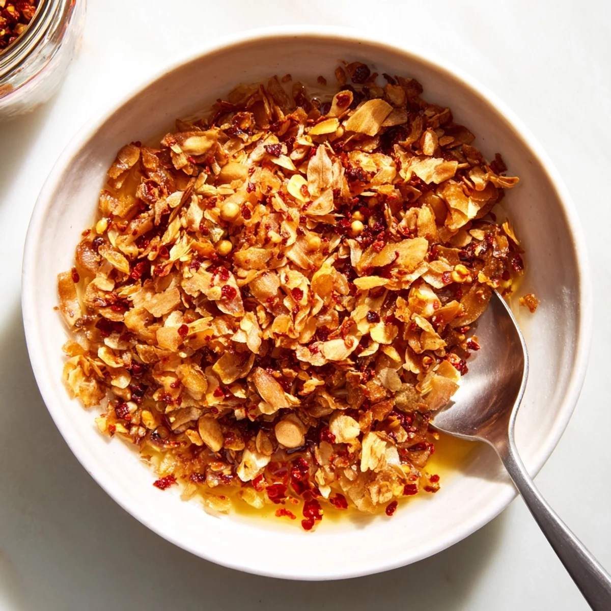 Golden crispy shallots and garlic scattered in Trader Joe's Chili Onion Crunch jar with vibrant red chili flakes