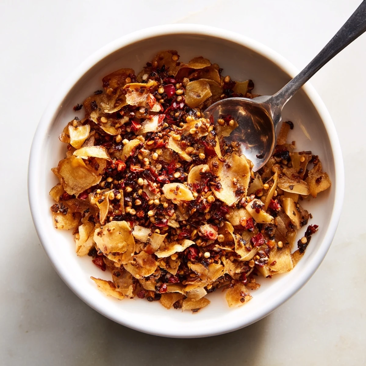 Rustic glass jar filled with homemade Trader Joe's Chili Onion Crunch alongside fried eggs and toast for breakfast