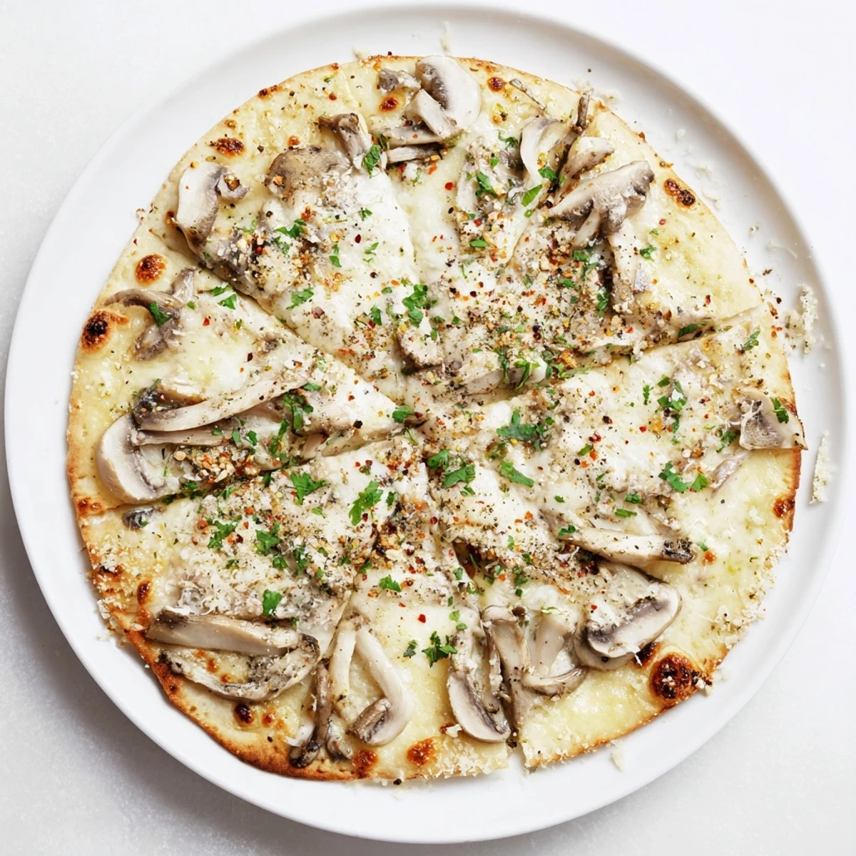 Golden homemade white mushroom mozzarella pizza with bubbling cheese and fresh herbs on a wooden board