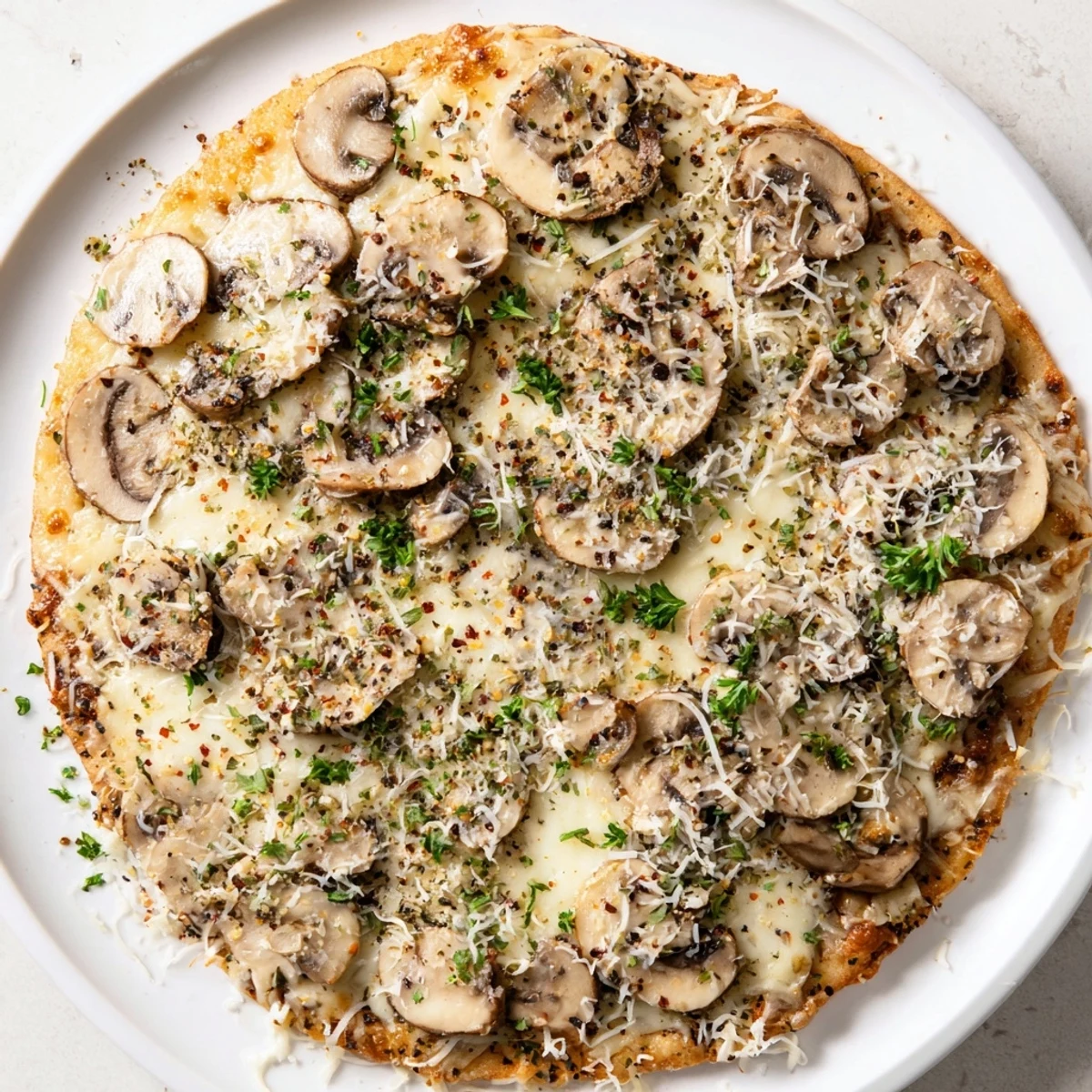 Savory vegetarian white mushroom mozzarella pizza featuring sliced mushrooms and melted cheese on a crisp crust