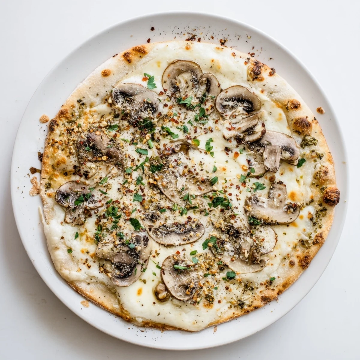 Slice of hot white mushroom mozzarella pizza topped with roasted mushrooms and garnished with fresh basil