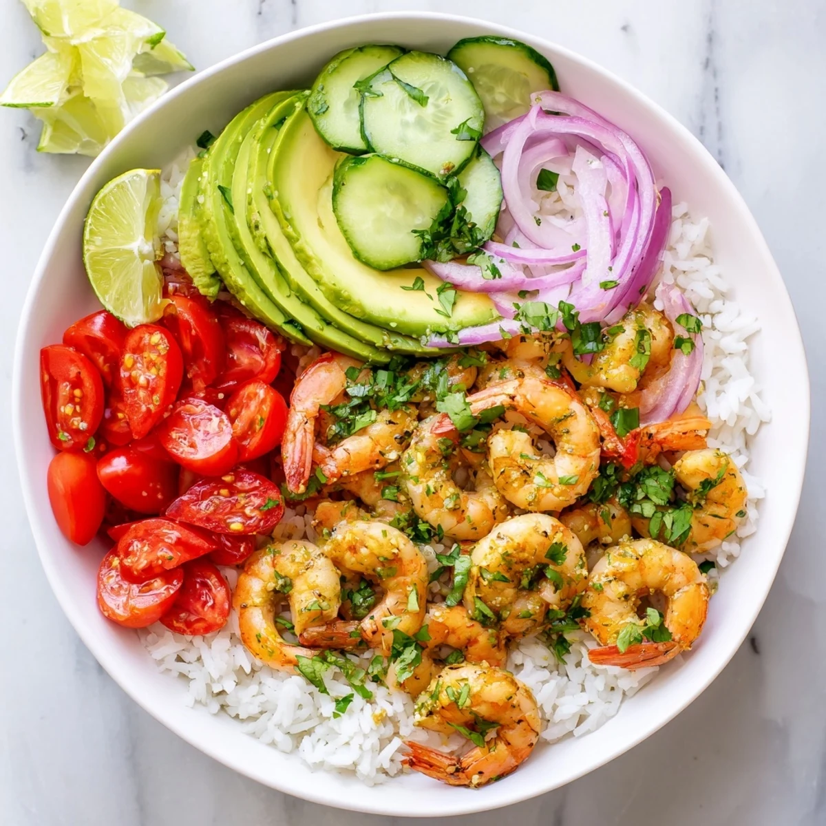 Golden garlic shrimp bowl recipe dinner with colorful vegetables served over fluffy white rice