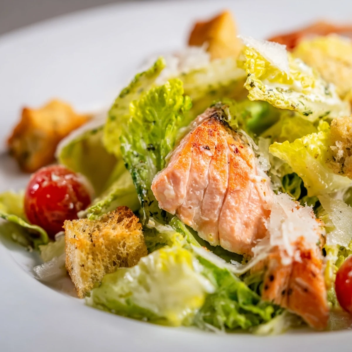 Fresh Smoky Salmon Caesar Salad with flaky roasted salmon atop crisp romaine lettuce