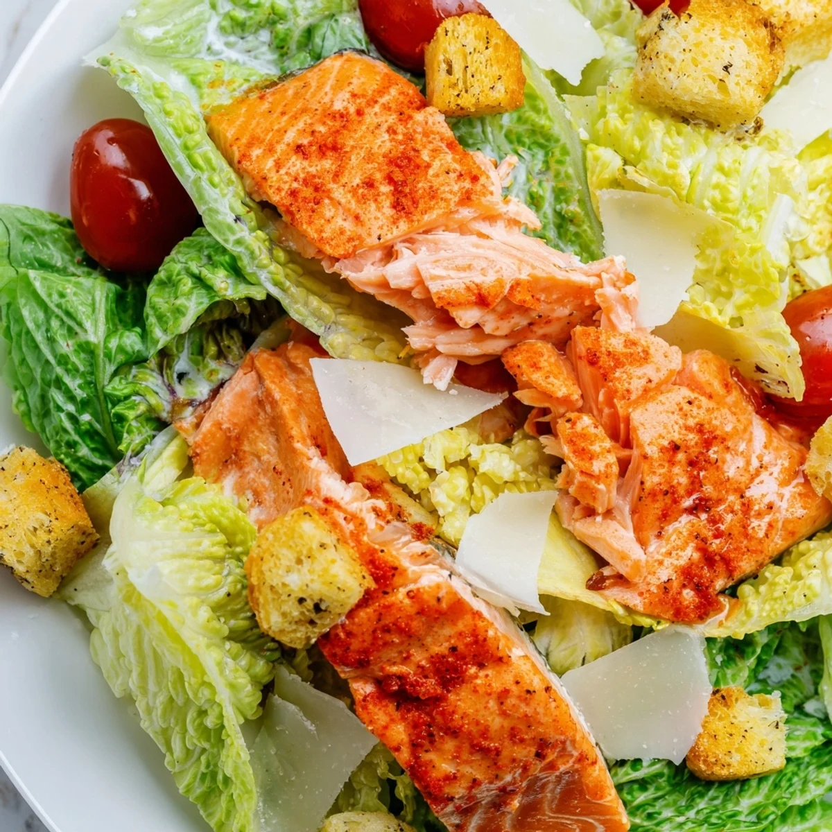 Plate of Smoky Salmon Caesar Salad topped with Parmesan shavings and juicy cherry tomatoes