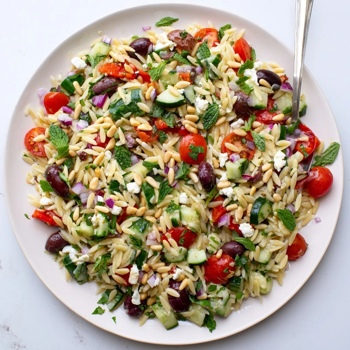 Colorful Mediterranean orzo power salad with fresh vegetables, feta cheese, and lemon-oregano dressing