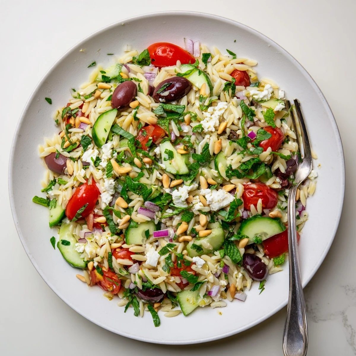 Fresh Mediterranean orzo power salad tossed with herbs, pine nuts, and tangy vinaigrette