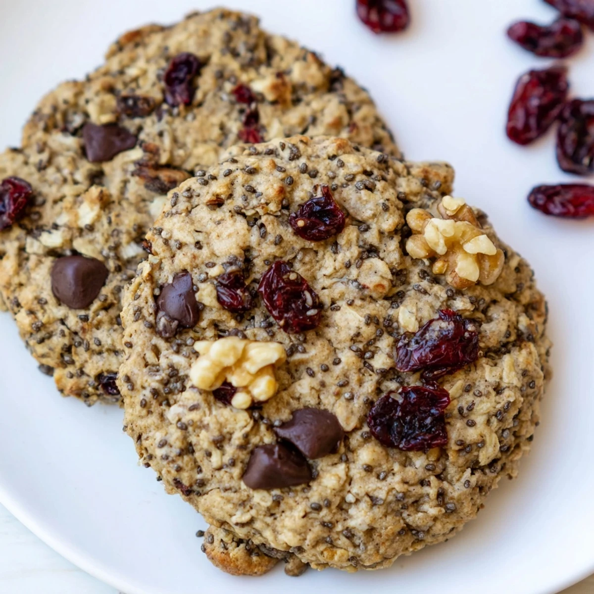 Golden healthy breakfast cookies with oats, nuts, and dried fruit on a wire cooling rack