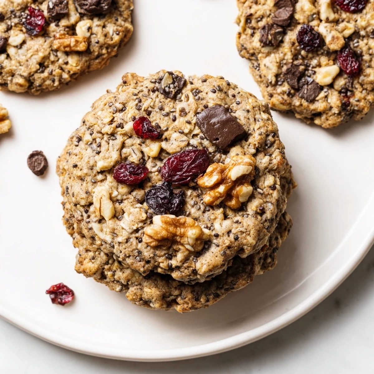 Chewy wholesome breakfast cookies stacked on a wooden board with scattered oats and walnuts