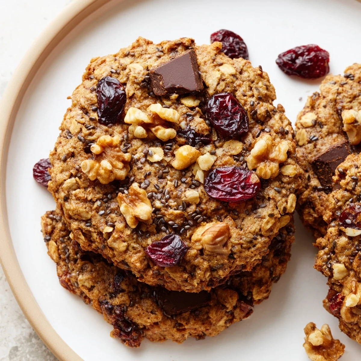 Freshly baked healthy breakfast cookies featuring banana oats and cranberries on parchment paper