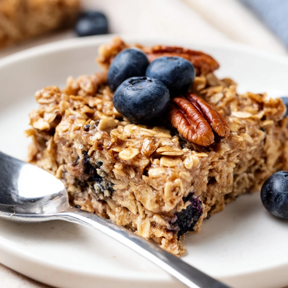 Golden baked oatmeal dish with fresh blueberries and a sprinkle of cinnamon on top