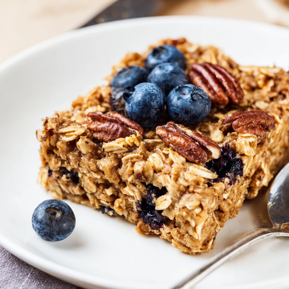 Warm comforting baked oatmeal squares topped with walnuts and sliced bananas for breakfast