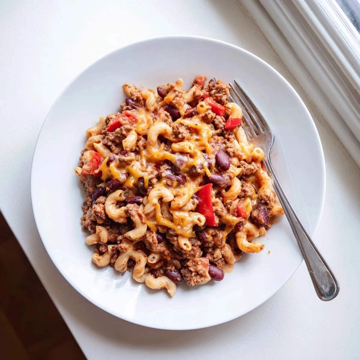 Bubbly baked chili mac and cheese with melted mozzarella topping on a white ceramic plate