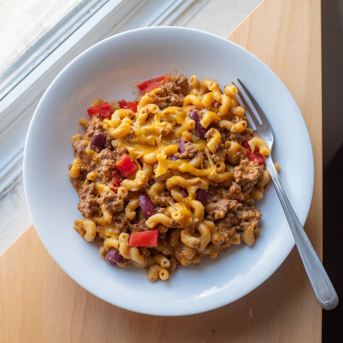 Hearty bowl of chili mac and cheese featuring savory ground beef, kidney beans, and gooey cheddar