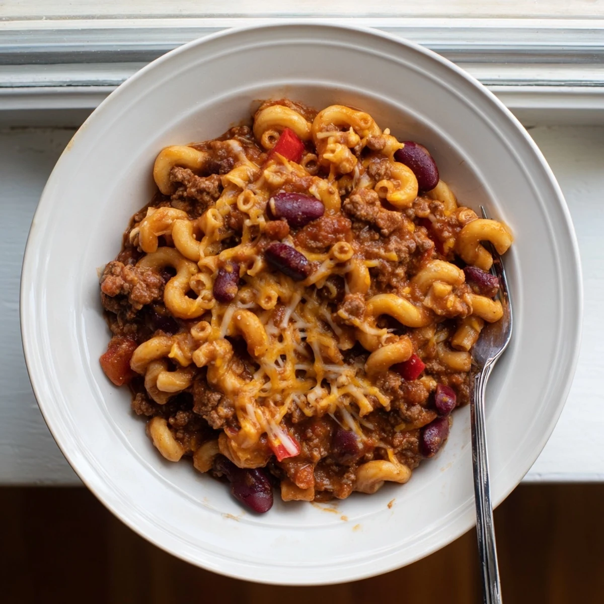 Comforting chili mac and cheese casserole with elbow pasta, red bell peppers, and golden cheese layer