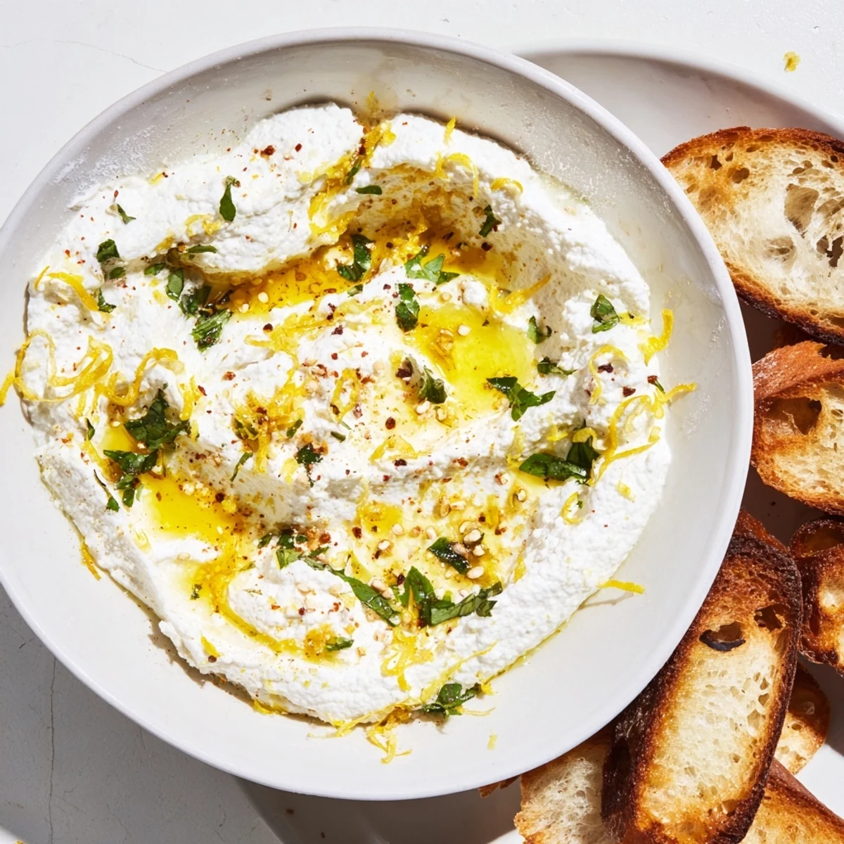 Fluffy whipped ricotta spread topped with fresh herbs and lemon zest on a wooden board