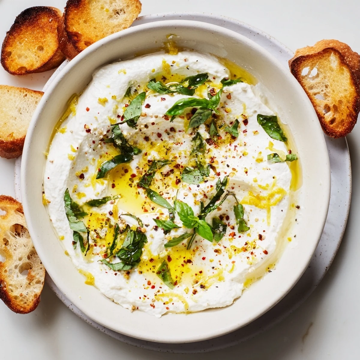 Creamy homemade whipped ricotta appetizer drizzled with honey and olive oil for serving