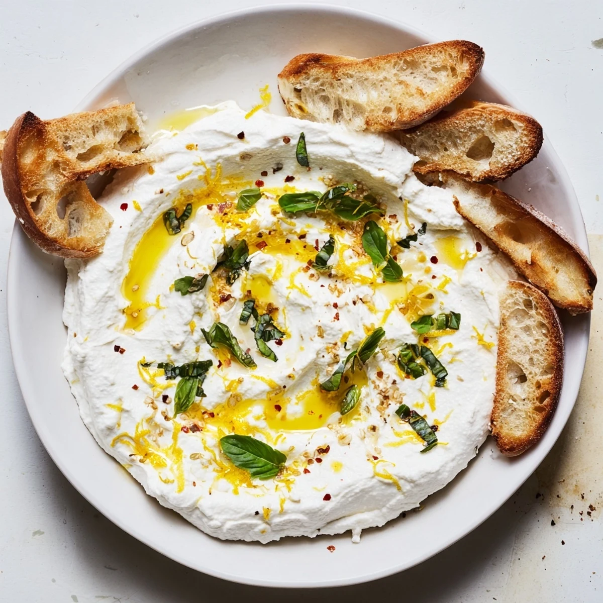 Smooth whipped ricotta cheese blended with seasonings alongside toasted bread for dipping