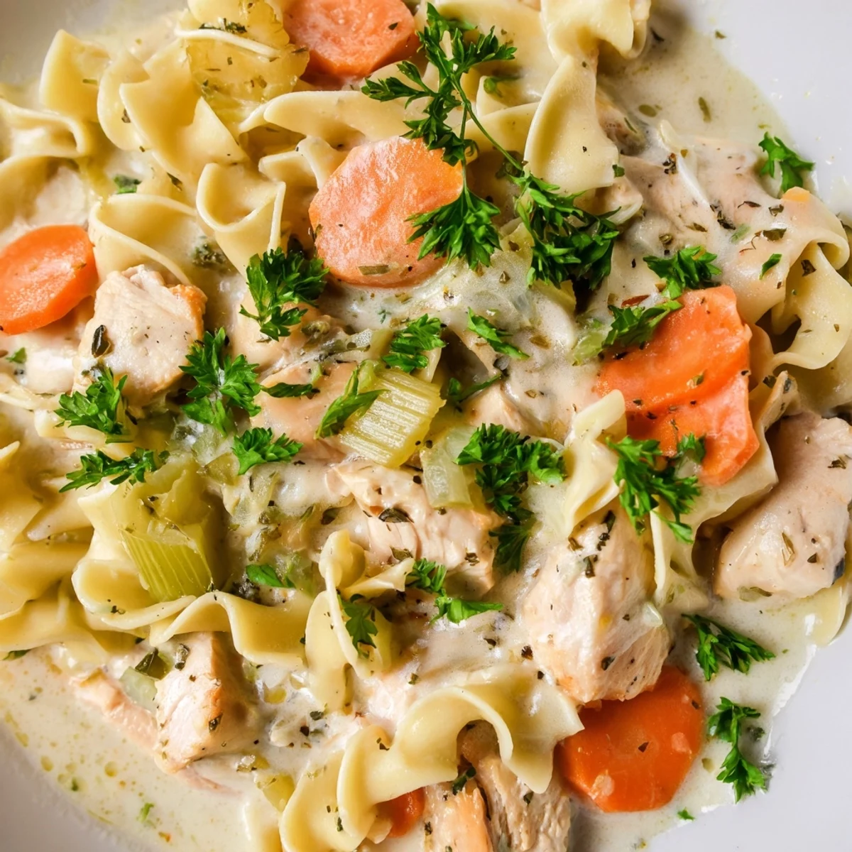 Steamy one pot chicken and noodles featuring tender meat and wide egg noodles in savory broth