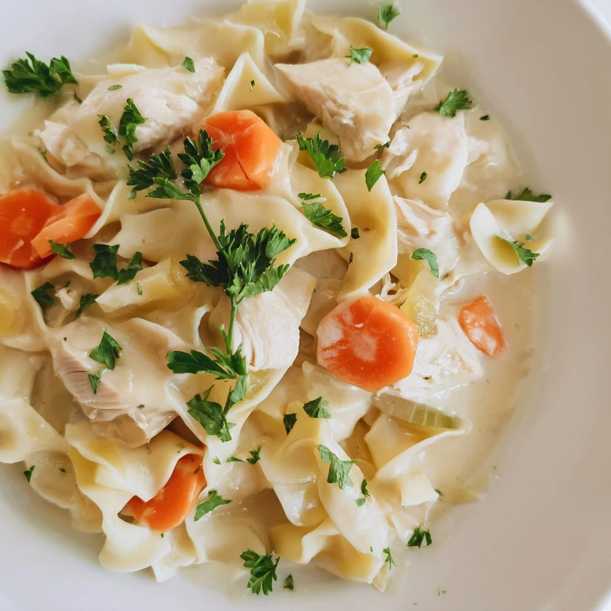 Hearty one pot chicken and noodles bowl garnished with fresh parsley and served piping hot