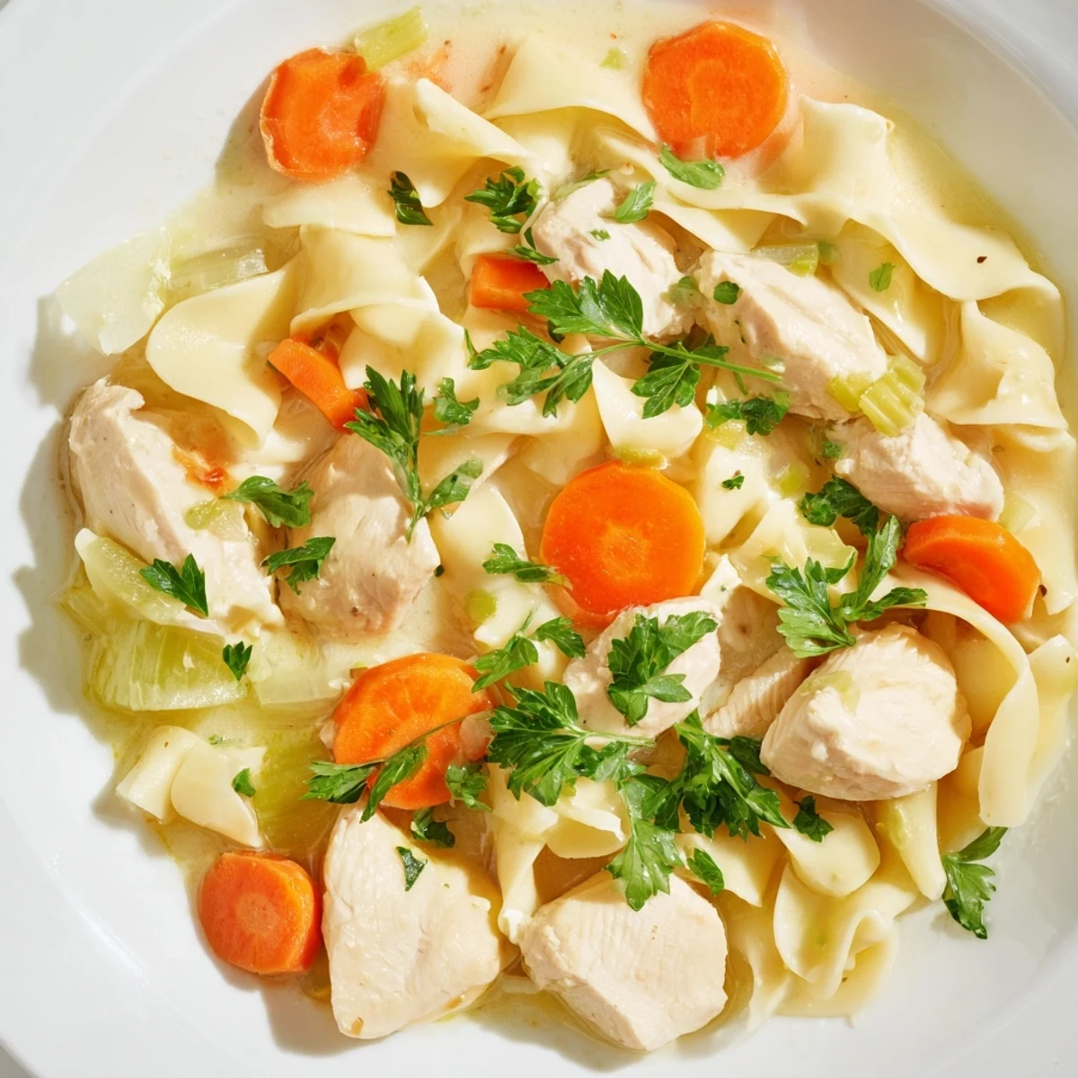 Golden brown chicken pieces simmered with vegetables and egg noodles in this comforting one pot chicken and noodles