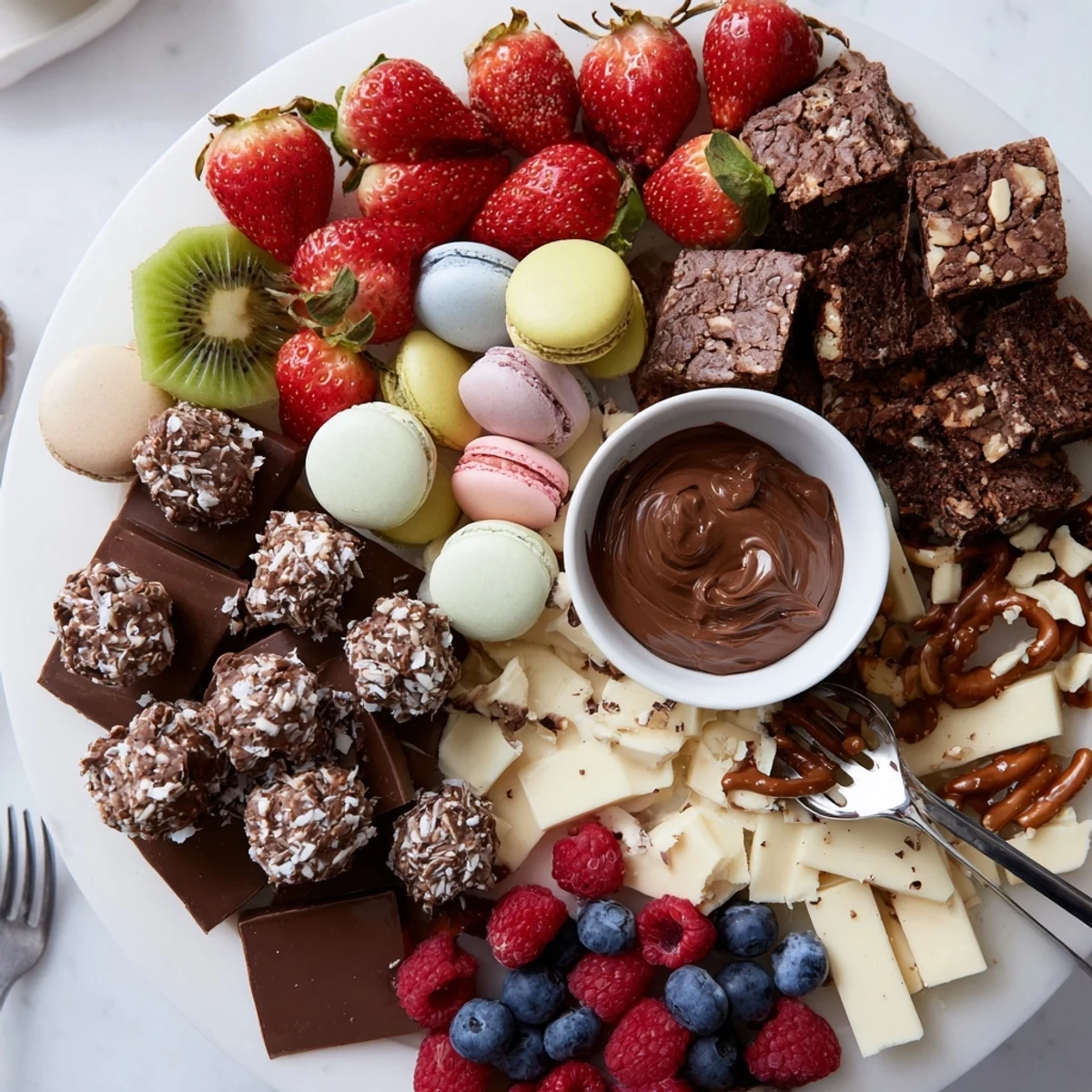 A Dessert Charcuterie Board arranged on a wood platter with creamy spreads  