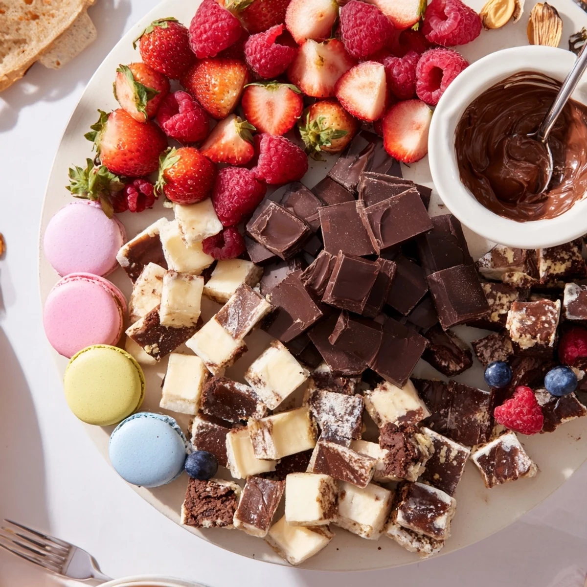 Dessert Charcuterie Board overflowing with berries, macarons, and chocolate dips  