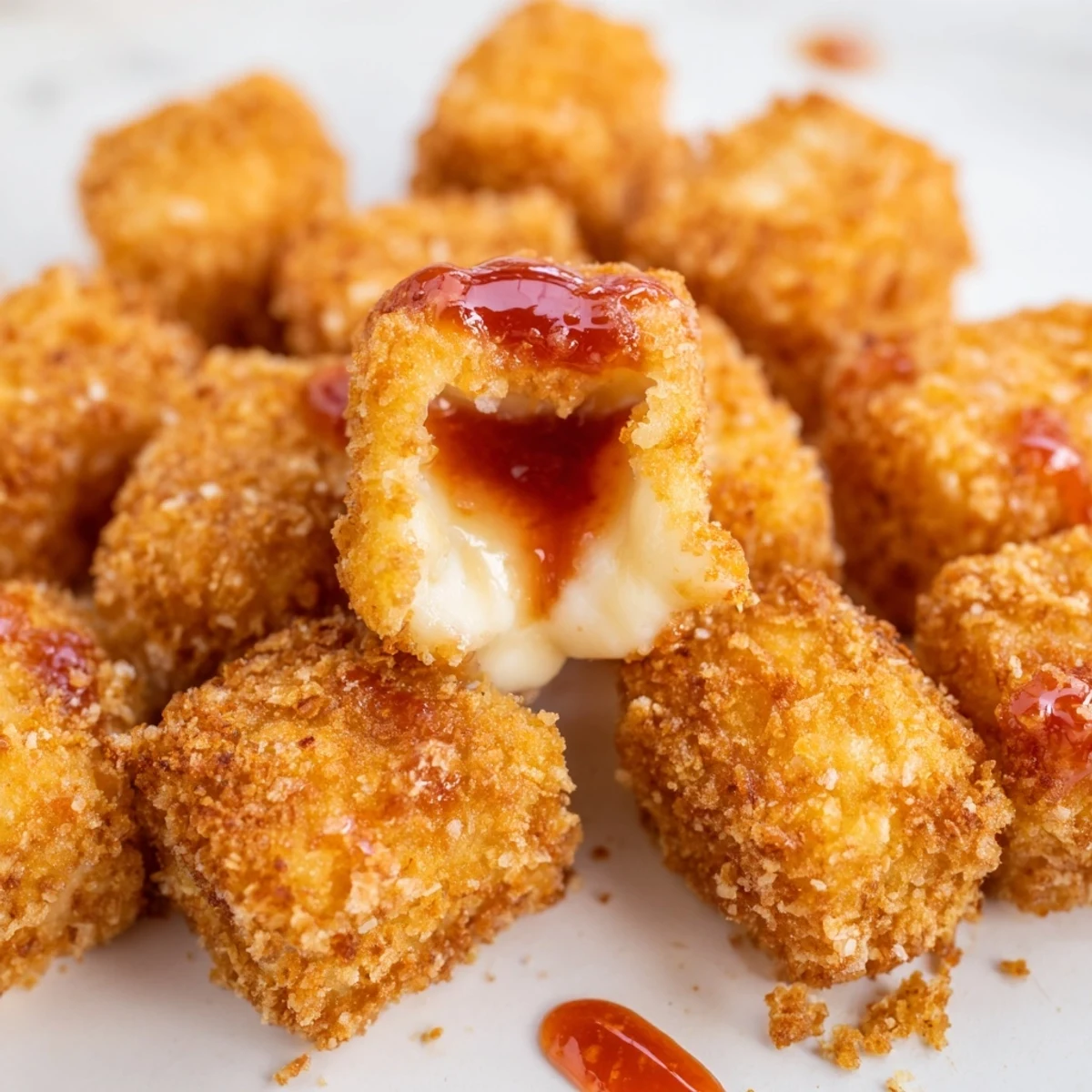 Close-up of Irresistible Crispy Mozzarella Poppers With Maple Glaze showing melty cheese stretch
