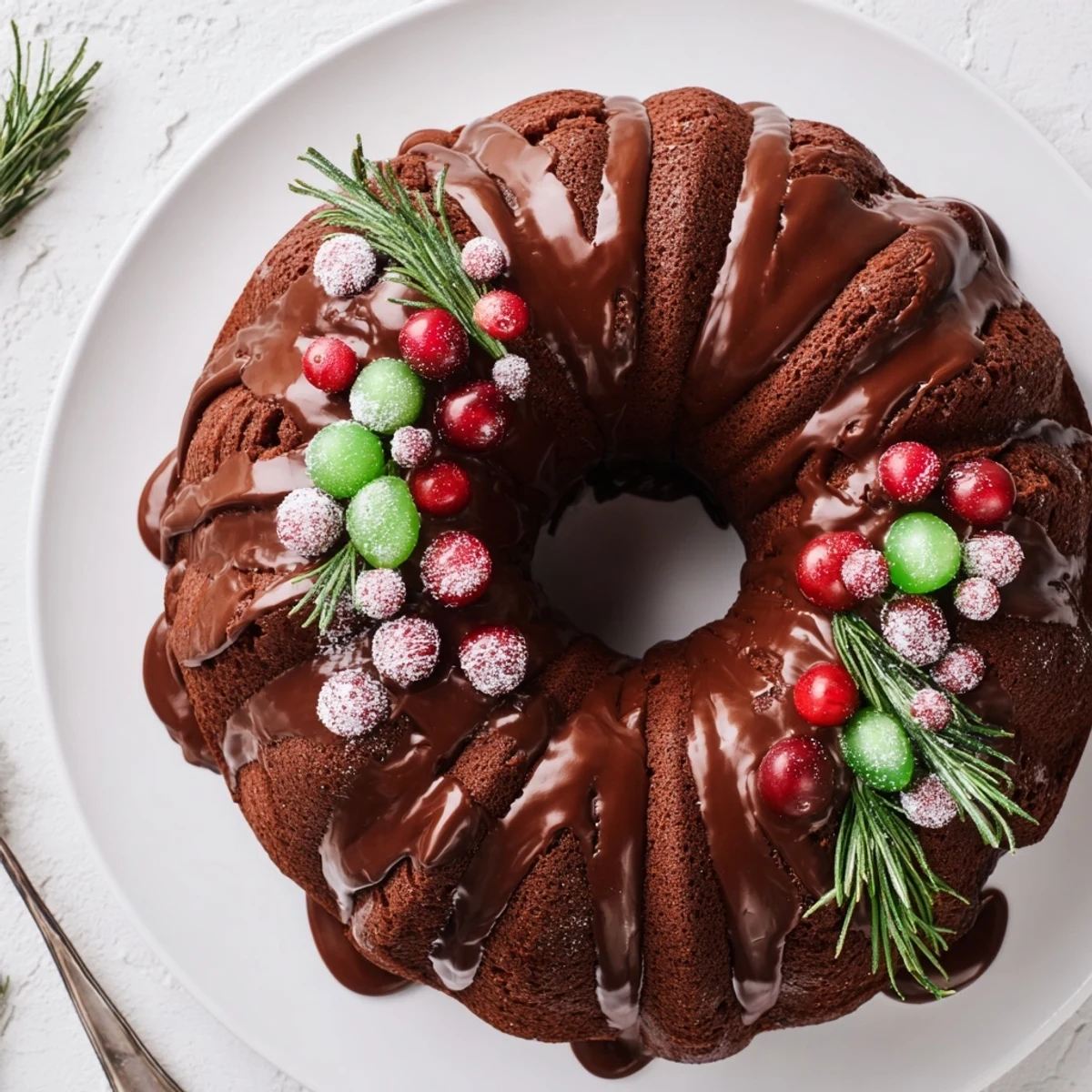 Chocolate Bundt Cake Christmas Wreath glazed with glossy ganache, dusted with powdered sugar
