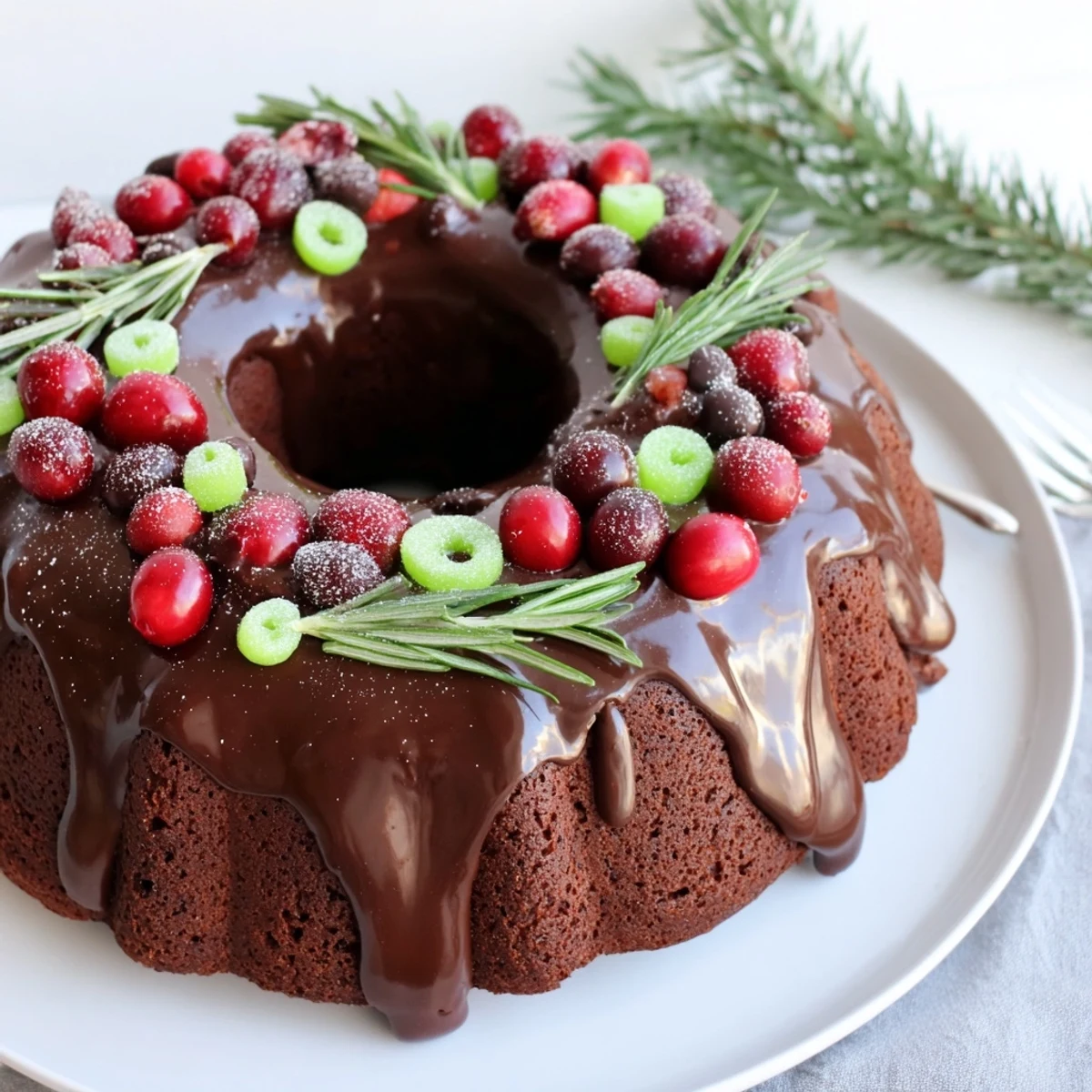 Festive Chocolate Bundt Cake Christmas Wreath topped with candied cherries and rosemary sprigs
