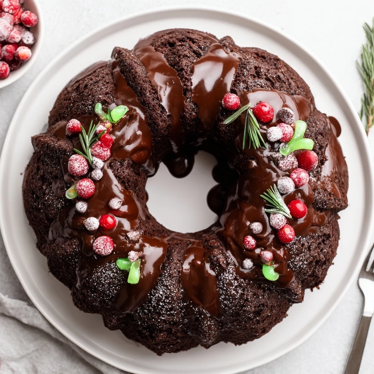 Sliced Chocolate Bundt Cake Christmas Wreath revealing moist crumb, served alongside spiced hot chocolate