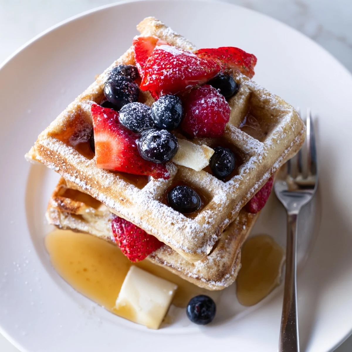 Almond Flour Waffles With Berries, golden and fluffy, drizzled with maple syrup