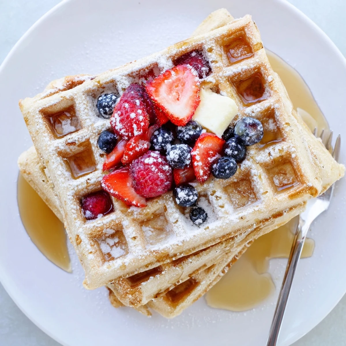 Warm Almond Flour Waffles With Berries stacked, scented with vanilla and melted butter