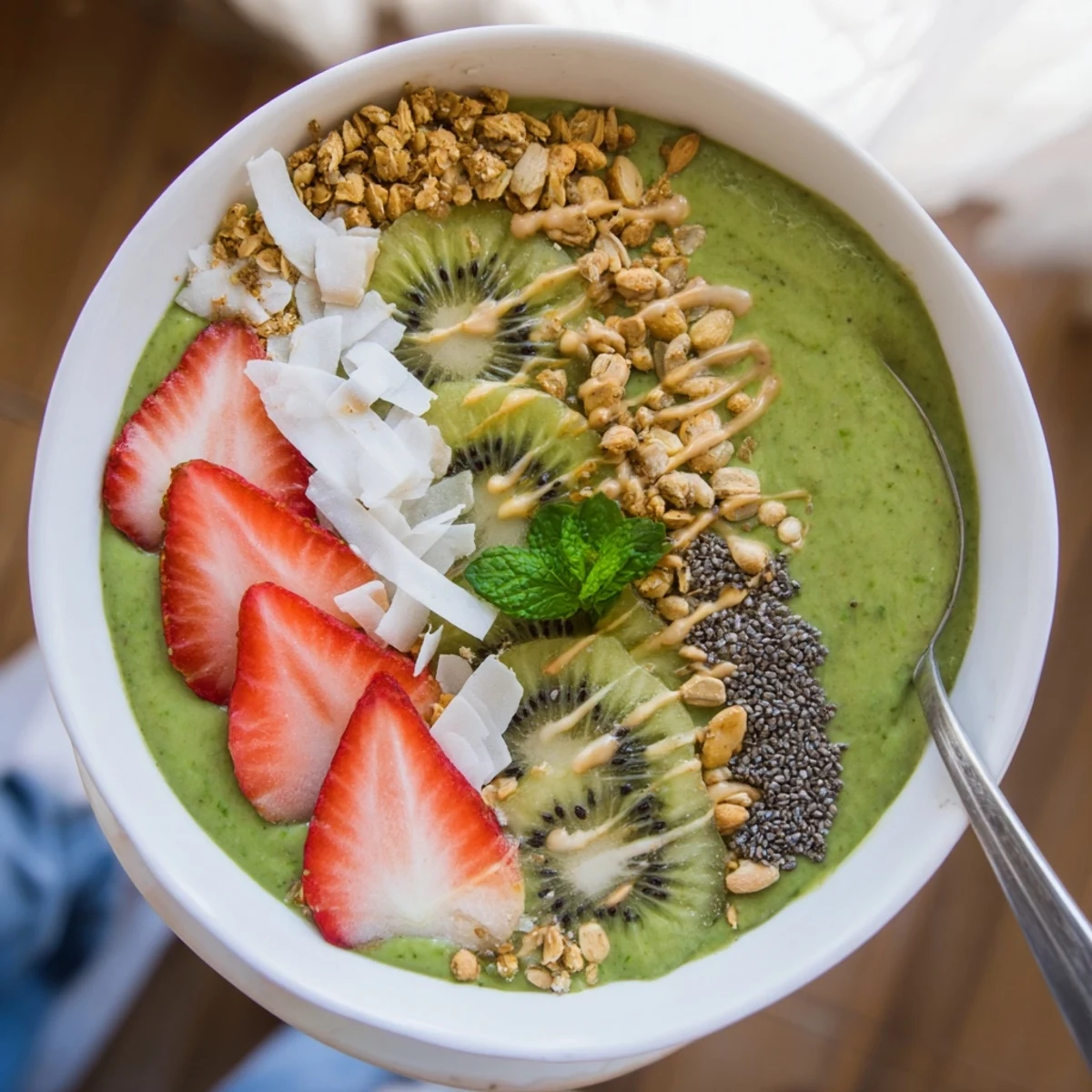 Green Smoothie Bowls topped with sliced kiwi, strawberries, coconut flakes—bright, creamy