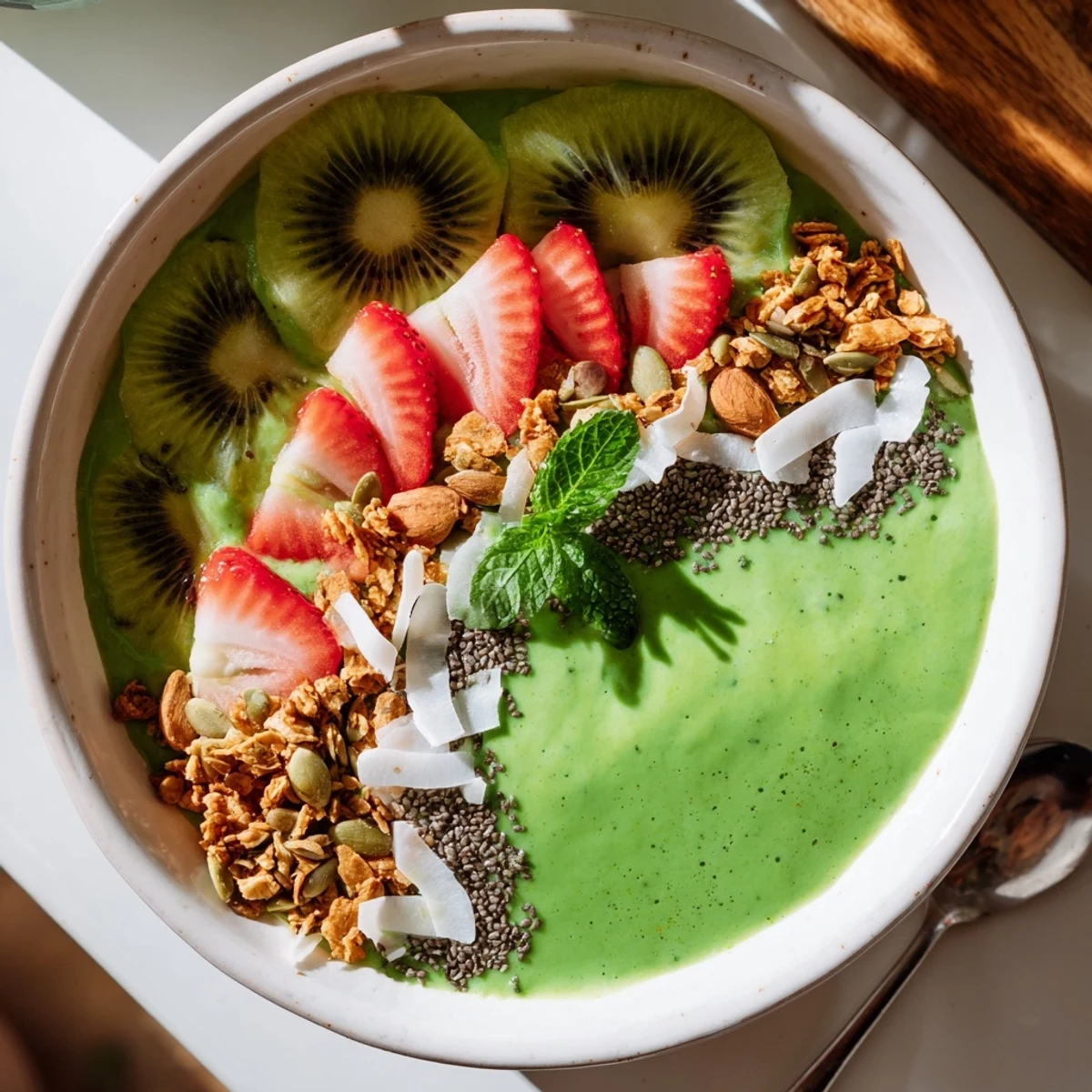 Creamy Green Smoothie Bowls in a white bowl, spoon ready, mint garnish