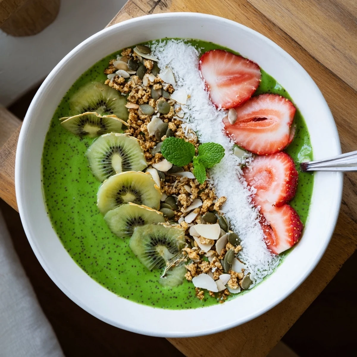 Morning Green Smoothie Bowls layered with granola and pumpkin seeds for crunch