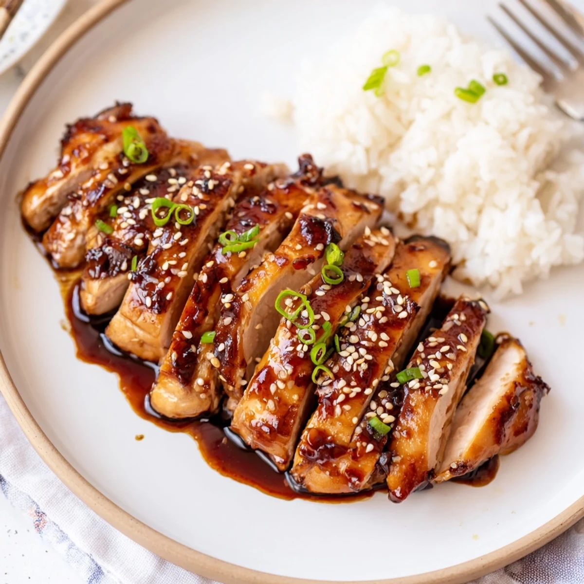 Char Siu Chicken glossy, sticky glaze on sliced thighs over steamed rice