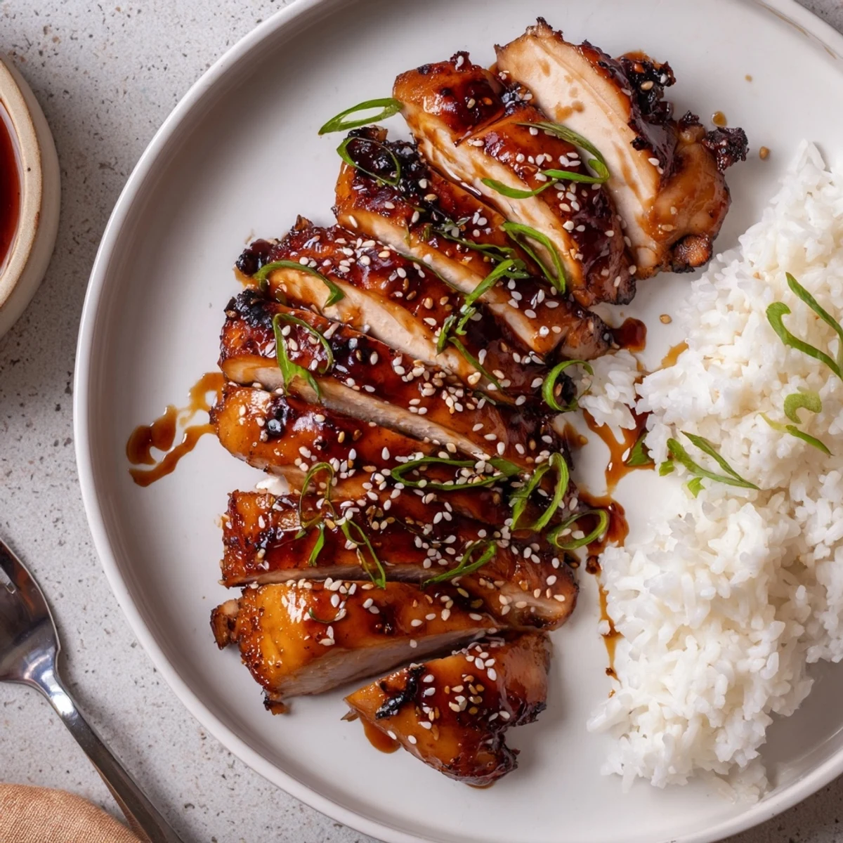 Warm Char Siu Chicken releasing sweet-savory aroma, sesame seeds and rice