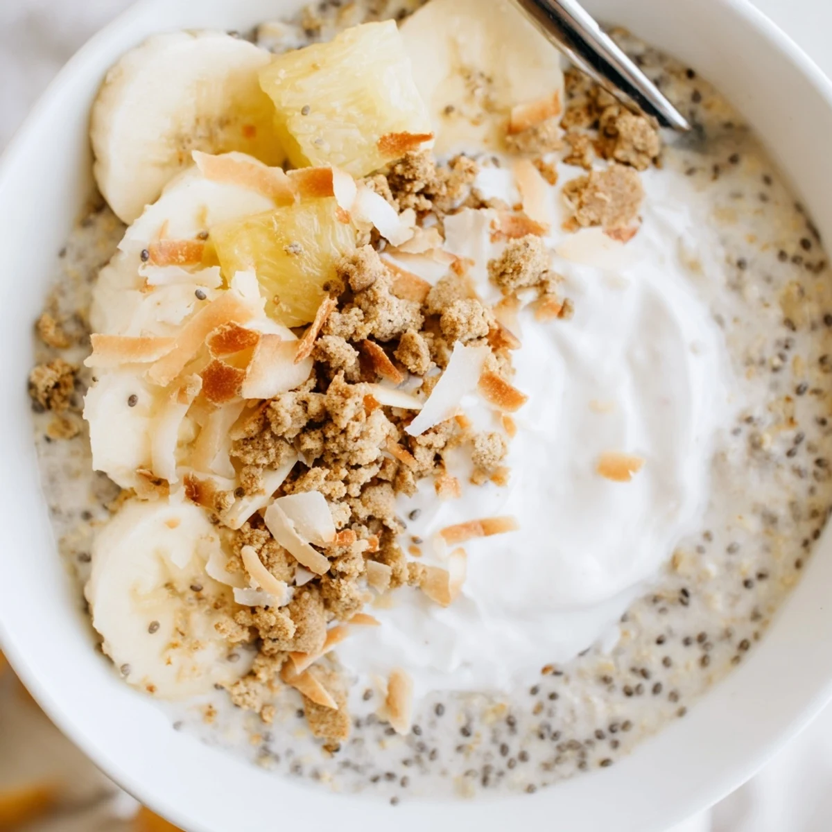 Creamy Coconut Cream Pie Overnight Oats topped with toasted coconut and banana