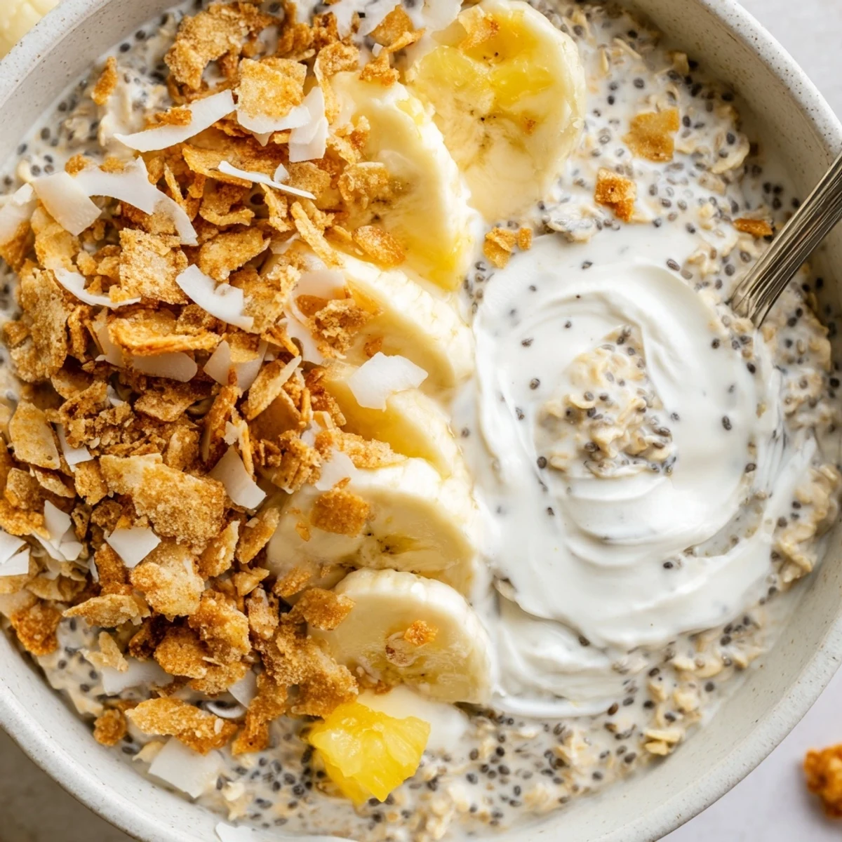 Chilled Coconut Cream Pie Overnight Oats swirled with coconut cream, crunchy graham crumbs