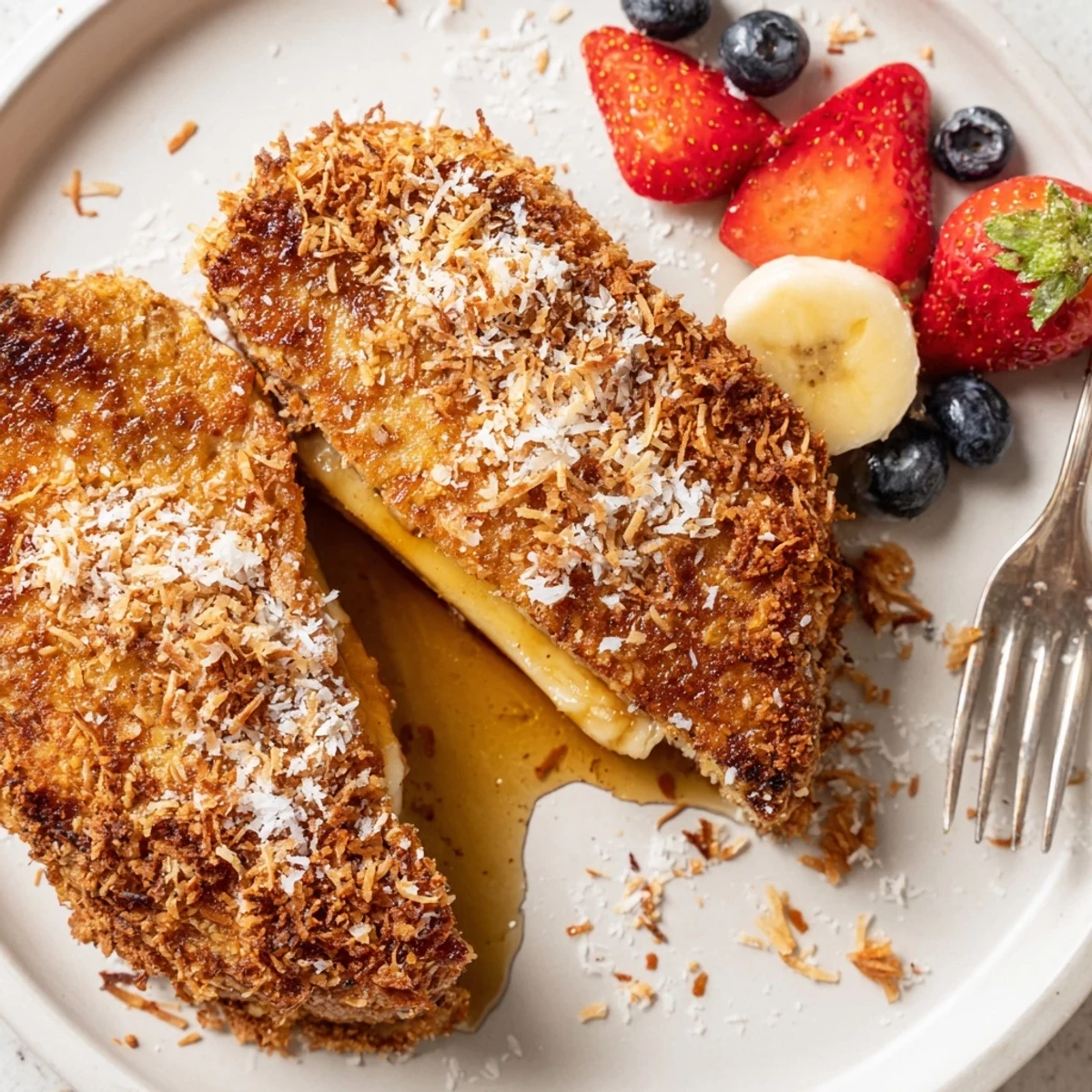 Coconut Crusted French Toast with golden crispy coating and custardy center.