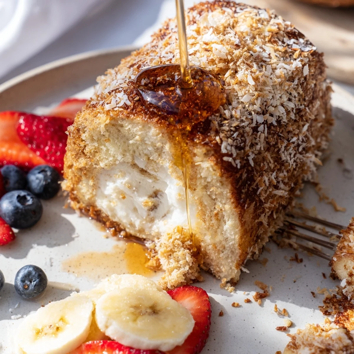 Warm Coconut Crusted French Toast topped with maple syrup and fresh berries.