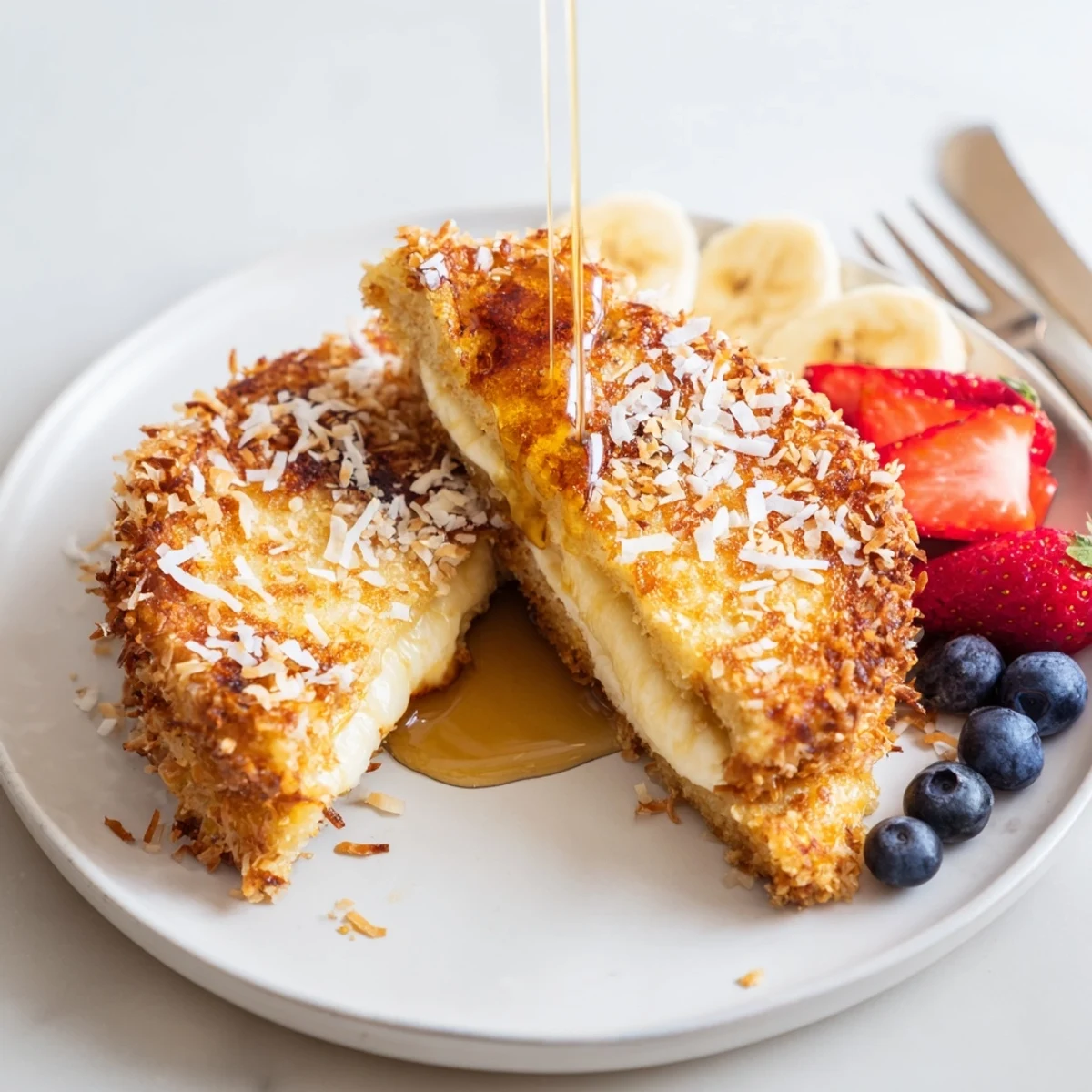 Skillet fried Coconut Crusted French Toast, crunchy edges, soft brioche, banana slices.
