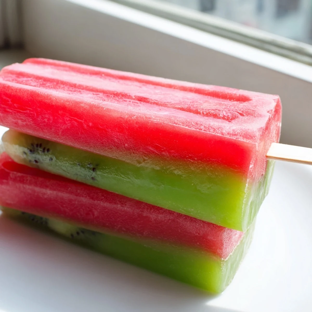 Watermelon kiwi fruit pops displaying vibrant red and green layered frozen swirls on wooden sticks