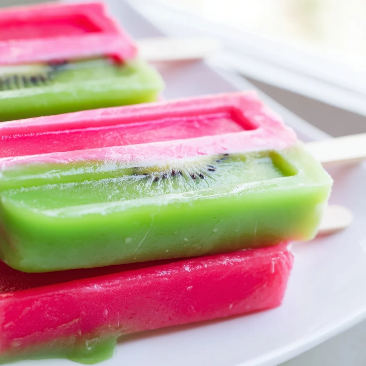 Colorful striped watermelon kiwi fruit pops in molds with fresh kiwi garnish