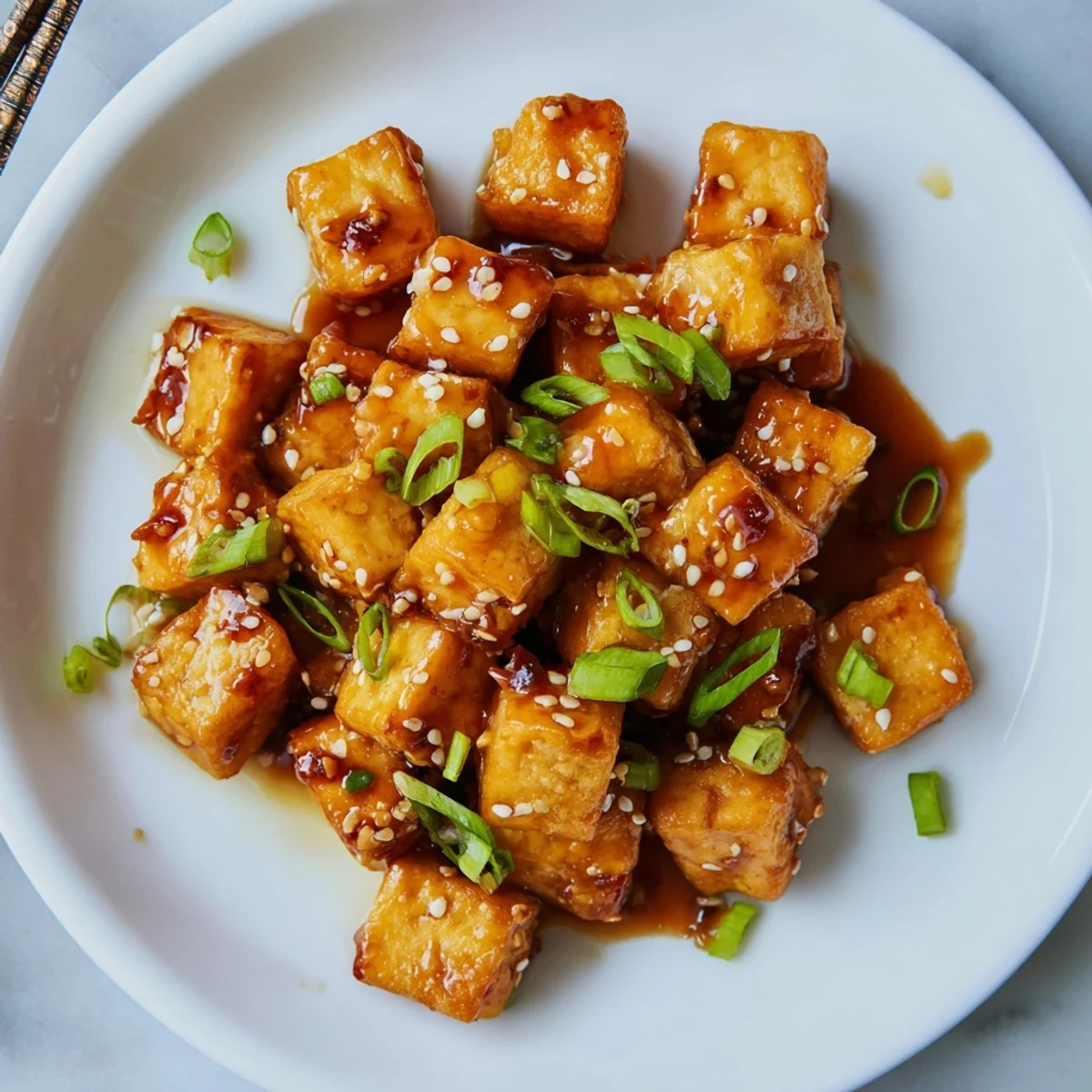 Golden crispy honey garlic tofu cubes glistening with sweet sticky sauce over white rice