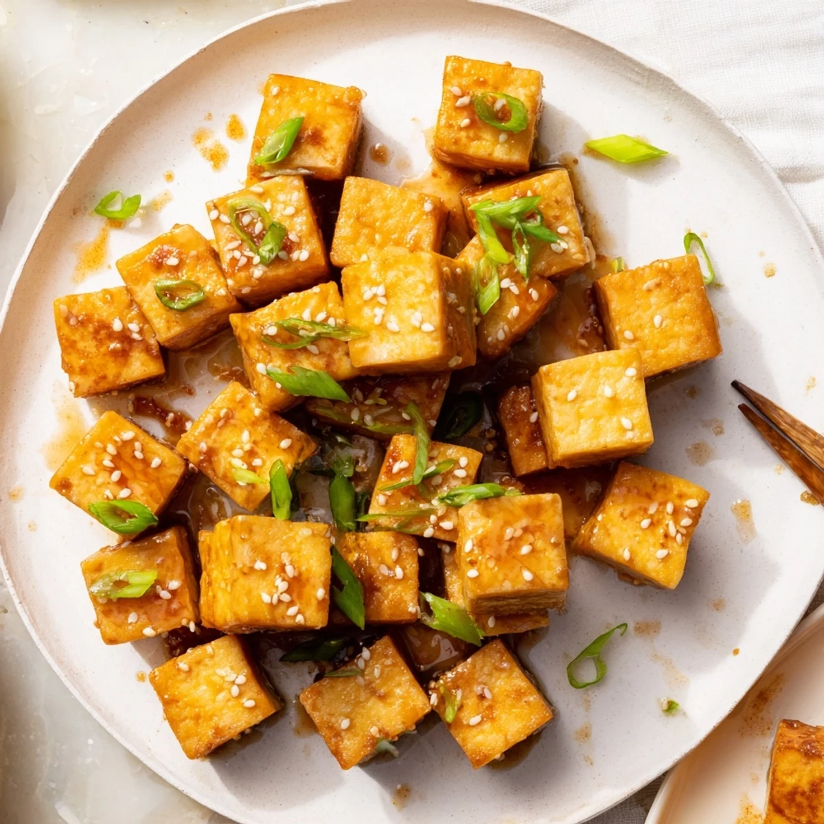 Pan-fried honey garlic tofu pieces coated in thick glossy glaze topped with green onions