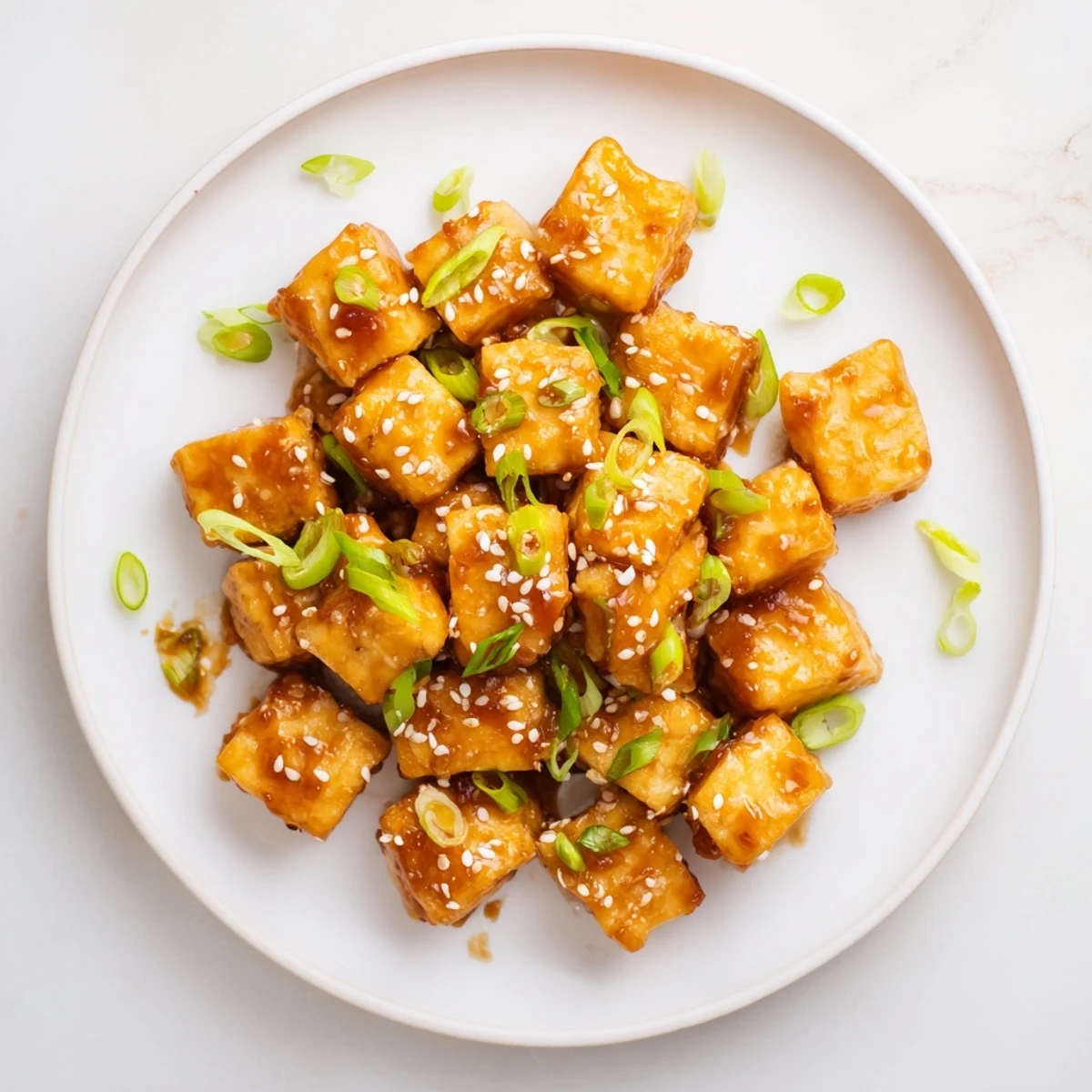 Crispy honey garlic tofu dish with caramelized edges served on bed of fluffy rice