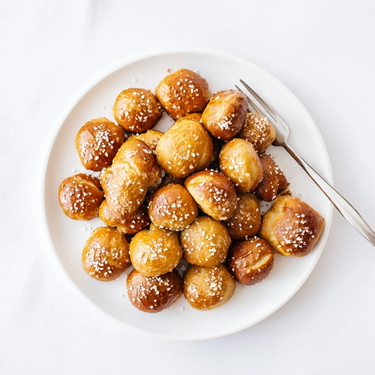 Golden brown homemade soft pretzel bites sprinkled with coarse salt on a wooden board